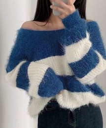 ボーダー柄モヘアVネックニットトップス