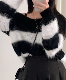 ボーダー柄モヘアVネックニットトップス