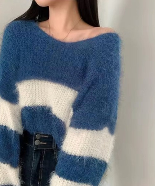Jayro(ジャイロ)の「ボーダー柄モヘアVネックニットトップス(ニット/セーター・レディース・サックスブルー/ブラック/ブルー/ピンク・FREE)」の17枚目の写真