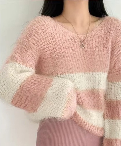 Jayro(ジャイロ)の「ボーダー柄モヘアVネックニットトップス(ニット/セーター・レディース・サックスブルー/ブラック/ブルー/ピンク・FREE)」の13枚目の写真