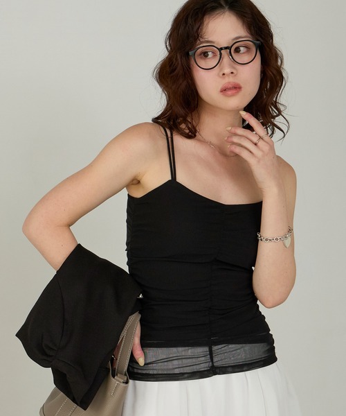 Cherir Mignon(シェリルミニョン)の「【Cherir Mignon】カップ付きシアーシャーリングキャミソール(キャミソール・レディース・アイボリー/ブラック/ピンク・FREE)」の1枚目の写真