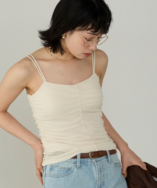 Cherir Mignon(シェリルミニョン)の「【Cherir Mignon】カップ付きシアーシャーリングキャミソール(キャミソール・レディース・アイボリー/ブラック/ピンク・FREE)」の4枚目の写真