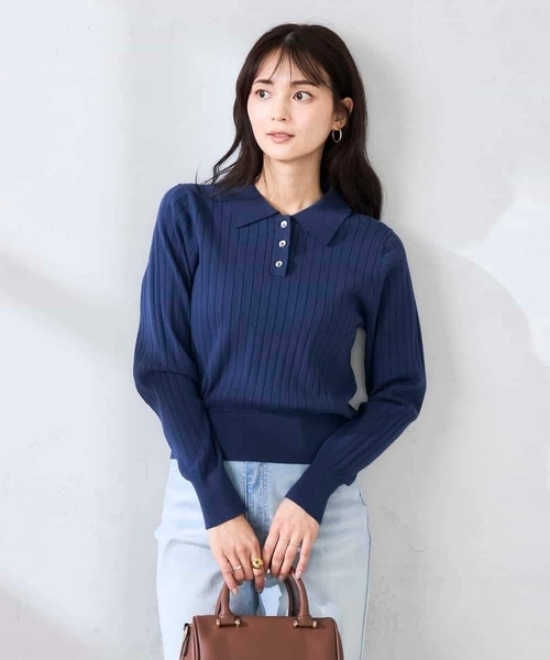 a.v.v（アーヴェヴェ）の「ワイドリブポロニット（ニット/セーター・レディース・ネイビー/クリーム・39）」の2枚目の写真