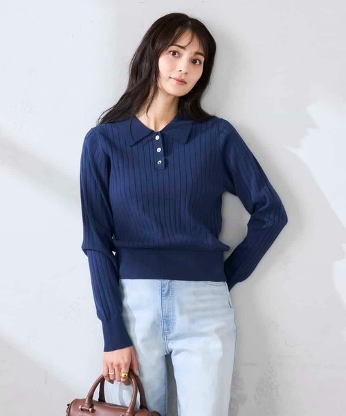 a.v.v（アーヴェヴェ）の「ワイドリブポロニット（ニット/セーター・レディース・ネイビー/クリーム・39）」の20枚目の写真