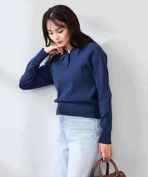 a.v.v（アーヴェヴェ）の「ワイドリブポロニット（ニット/セーター・レディース・ネイビー/クリーム・39）」の22枚目の写真