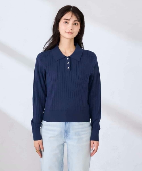 a.v.v（アーヴェヴェ）の「ワイドリブポロニット（ニット/セーター・レディース・ネイビー/クリーム・39）」の6枚目の写真