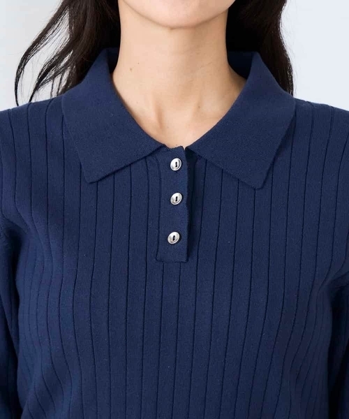 a.v.v（アーヴェヴェ）の「ワイドリブポロニット（ニット/セーター・レディース・ネイビー/クリーム・39）」の9枚目の写真