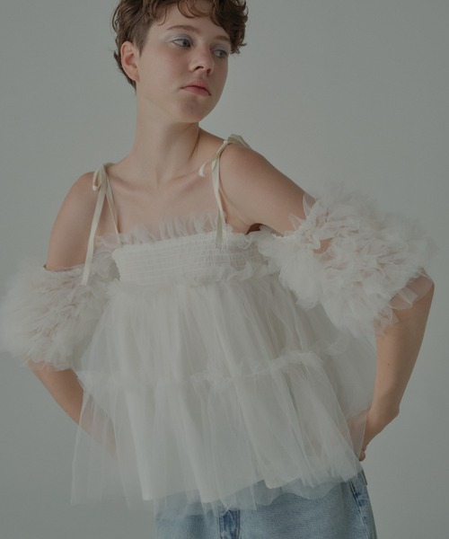HONEY MI HONEY（ハニーミーハニー）の「tulle puff sleeve blouse（シャツ/ブラウス・レディース・グレー/ブラック/ピンク/ホワイト・FREE）」の2枚目の写真