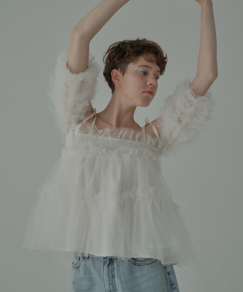 HONEY MI HONEY（ハニーミーハニー）の「tulle puff sleeve blouse（シャツ/ブラウス・レディース・グレー/ブラック/ピンク/ホワイト・FREE）」の10枚目の写真