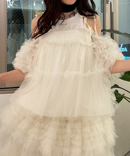 HONEY MI HONEY（ハニーミーハニー）の「tulle puff sleeve blouse（シャツ/ブラウス・レディース・グレー/ブラック/ピンク/ホワイト・FREE）」の18枚目の写真