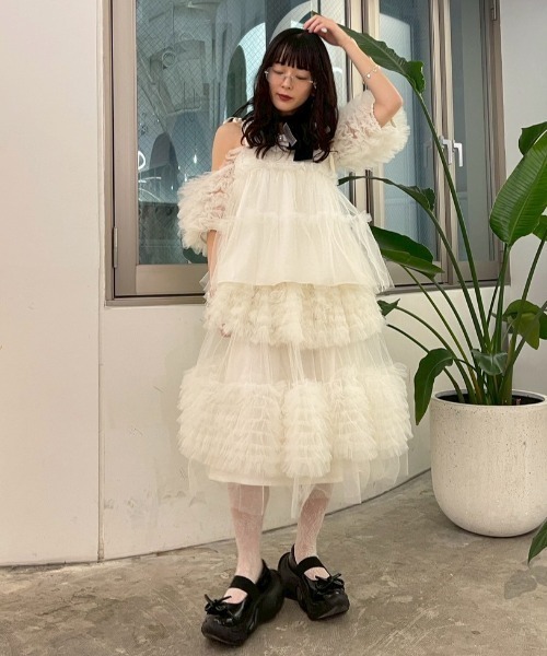 HONEY MI HONEY（ハニーミーハニー）の「tulle puff sleeve blouse（シャツ/ブラウス・レディース・グレー/ブラック/ピンク/ホワイト・FREE）」の19枚目の写真
