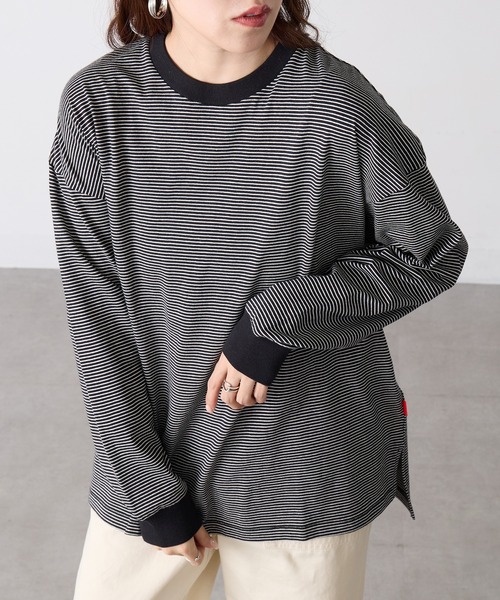 Healthknit(ヘルスニット)の「【Healthknit】26SS Nallow Border Jersey Side Slit Crewneck L/S 51056(Tシャツ/カットソー・レディース・アイボリー系1/ブラック系1/アイボリー系2・FREE)」の1枚目の写真