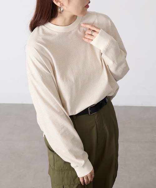 Healthknit(ヘルスニット)の「【Healthknit】26SS Nallow Border Jersey Side Slit Crewneck L/S 51056(Tシャツ/カットソー・レディース・アイボリー系1/ブラック系1/アイボリー系2・FREE)」の2枚目の写真