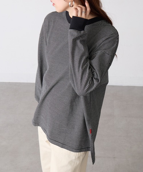 Healthknit(ヘルスニット)の「【Healthknit】26SS Nallow Border Jersey Side Slit Crewneck L/S 51056(Tシャツ/カットソー・レディース・アイボリー系1/ブラック系1/アイボリー系2・FREE)」の4枚目の写真