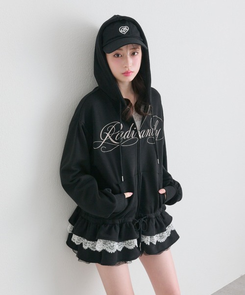 OLIVE des OLIVE（オリーブデオリーブ）の「裾フリルZIPパーカー（パーカー・レディース・ピンク/ブラック/オフホワイト/トップグレー・FREE）」の2枚目の写真