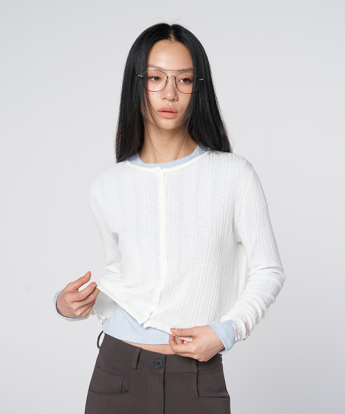 320SHOWROOM(320ショールーム)の「Linen Blend Ribbed Short Cardigan Ivory(カーディガン/ボレロ・レディース・アイボリー・FREE)」の2枚目の写真