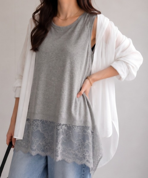 裾レースドッキングノースリTeeシャツ / トップス