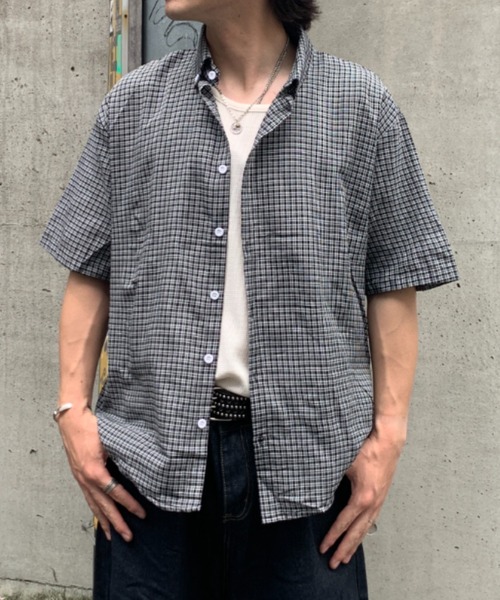 link lot（リンクロット）の「オーバーサイズ ギンガムチェック ボタンダウン 半袖シャツ（シャツ/ブラウス・メンズ・ネイビー/ブラック・L/M）」の2枚目の写真