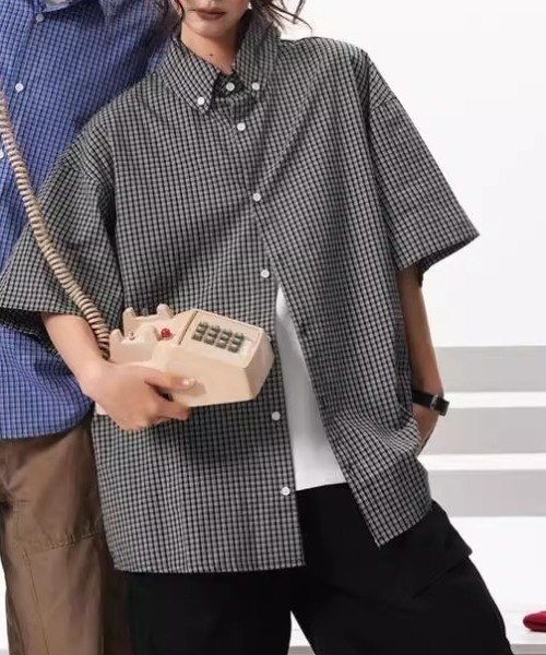 link lot（リンクロット）の「オーバーサイズ ギンガムチェック ボタンダウン 半袖シャツ（シャツ/ブラウス・メンズ・ネイビー/ブラック・L/M）」の6枚目の写真