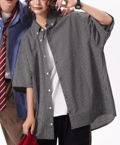 link lot（リンクロット）の「オーバーサイズ ギンガムチェック ボタンダウン 半袖シャツ（シャツ/ブラウス・メンズ・ネイビー/ブラック・L/M）」の7枚目の写真