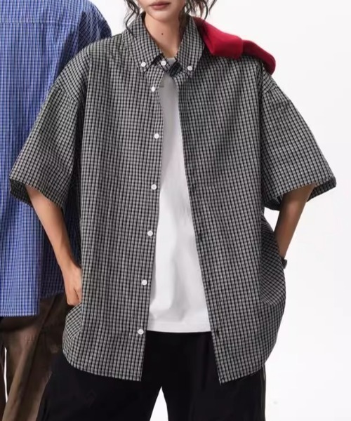 link lot（リンクロット）の「オーバーサイズ ギンガムチェック ボタンダウン 半袖シャツ（シャツ/ブラウス・メンズ・ネイビー/ブラック・L/M）」の3枚目の写真