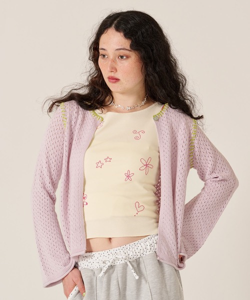 TINA:JOJUN(ティーナジョジュン)の「ハートボタン 透かし編み カーディガン TINA:JOJUN(カーディガン/ボレロ・レディース・ホワイト/パープル・M)」の11枚目の写真