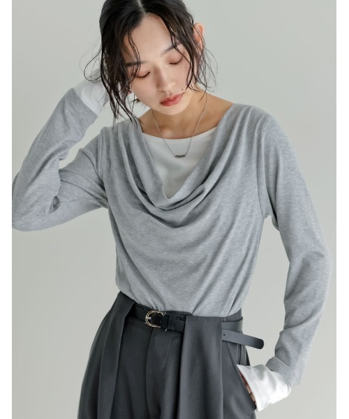 Re:EDIT(リエディ)の「アンチピリングレイヤード風ドレープトップス(Tシャツ/カットソー・レディース・杢グレー/レッド/ブラウン/ブラック/ライトブルー・LARGE/MEDIUM)」の3枚目の写真