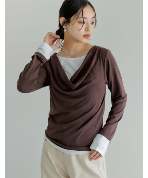 Re:EDIT(リエディ)の「アンチピリングレイヤード風ドレープトップス(Tシャツ/カットソー・レディース・杢グレー/レッド/ブラウン/ブラック/ライトブルー・LARGE/MEDIUM)」の4枚目の写真