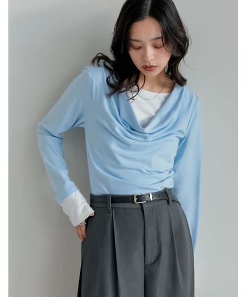 Re:EDIT(リエディ)の「アンチピリングレイヤード風ドレープトップス(Tシャツ/カットソー・レディース・杢グレー/レッド/ブラウン/ブラック/ライトブルー・LARGE/MEDIUM)」の1枚目の写真