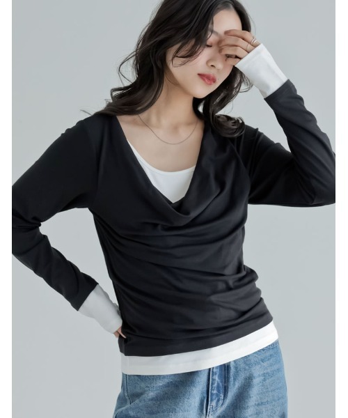 Re:EDIT(リエディ)の「アンチピリングレイヤード風ドレープトップス(Tシャツ/カットソー・レディース・杢グレー/レッド/ブラウン/ブラック/ライトブルー・LARGE/MEDIUM)」の2枚目の写真