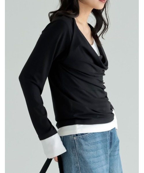 Re:EDIT(リエディ)の「アンチピリングレイヤード風ドレープトップス(Tシャツ/カットソー・レディース・杢グレー/レッド/ブラウン/ブラック/ライトブルー・LARGE/MEDIUM)」の6枚目の写真