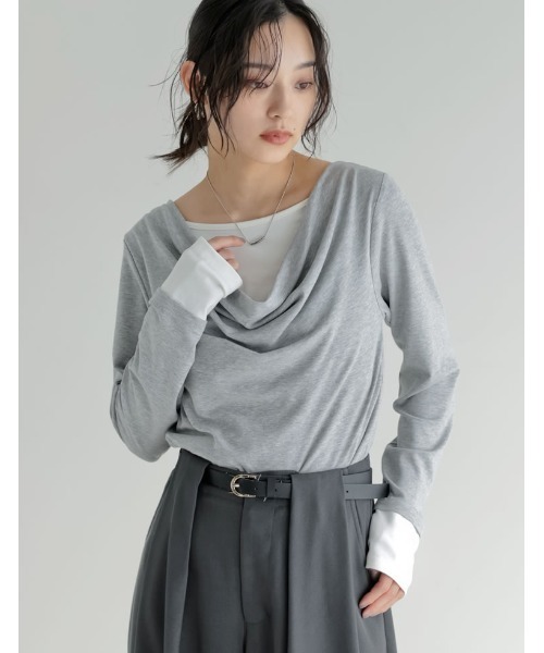 Re:EDIT(リエディ)の「アンチピリングレイヤード風ドレープトップス(Tシャツ/カットソー・レディース・杢グレー/レッド/ブラウン/ブラック/ライトブルー・LARGE/MEDIUM)」の8枚目の写真