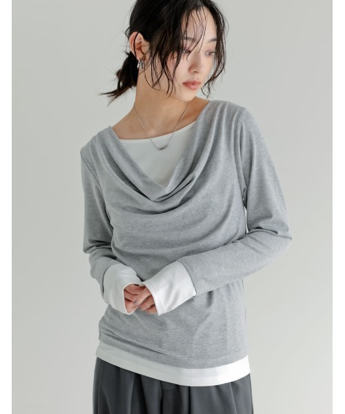 Re:EDIT(リエディ)の「アンチピリングレイヤード風ドレープトップス(Tシャツ/カットソー・レディース・杢グレー/レッド/ブラウン/ブラック/ライトブルー・LARGE/MEDIUM)」の11枚目の写真