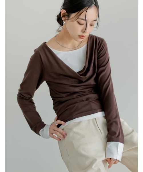 Re:EDIT(リエディ)の「アンチピリングレイヤード風ドレープトップス(Tシャツ/カットソー・レディース・杢グレー/レッド/ブラウン/ブラック/ライトブルー・LARGE/MEDIUM)」の12枚目の写真