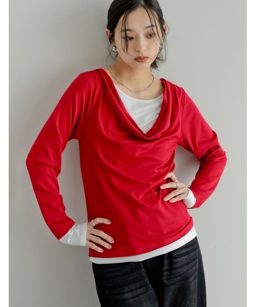 Re:EDIT(リエディ)の「アンチピリングレイヤード風ドレープトップス(Tシャツ/カットソー・レディース・杢グレー/レッド/ブラウン/ブラック/ライトブルー・LARGE/MEDIUM)」の16枚目の写真