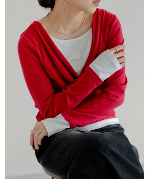 Re:EDIT(リエディ)の「アンチピリングレイヤード風ドレープトップス(Tシャツ/カットソー・レディース・杢グレー/レッド/ブラウン/ブラック/ライトブルー・LARGE/MEDIUM)」の18枚目の写真