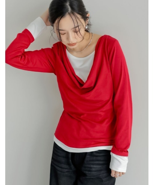 Re:EDIT(リエディ)の「アンチピリングレイヤード風ドレープトップス(Tシャツ/カットソー・レディース・杢グレー/レッド/ブラウン/ブラック/ライトブルー・LARGE/MEDIUM)」の20枚目の写真