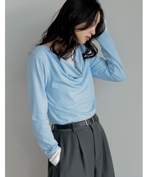 Re:EDIT(リエディ)の「アンチピリングレイヤード風ドレープトップス(Tシャツ/カットソー・レディース・杢グレー/レッド/ブラウン/ブラック/ライトブルー・LARGE/MEDIUM)」の22枚目の写真