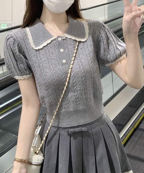 mielu（ミエル）の「半袖ポロニット（ニット/セーター・レディース・ピンク/ホワイト/ブラック・FREE）」の17枚目の写真