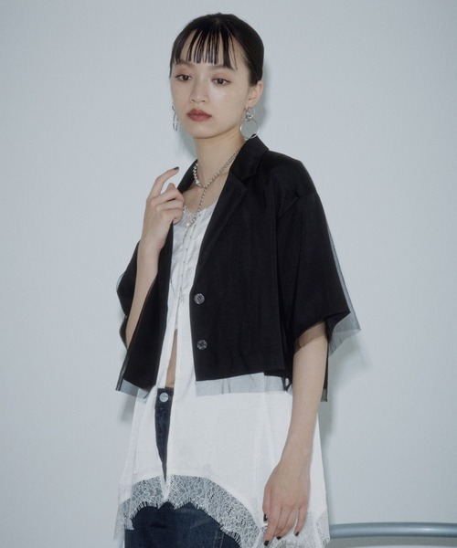 PAGEBOY（ページボーイ）の「チュールレイヤードショートジャケット【セットアップ対応】（テーラードジャケット・レディース・グレー/ブラック・FREE）」の7枚目の写真