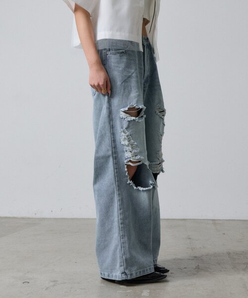 goocy（グーシー）の「ダメージデニムストレートパンツ（デニムパンツ・レディース・ブルー・MEDIUM/SMALL）」の2枚目の写真