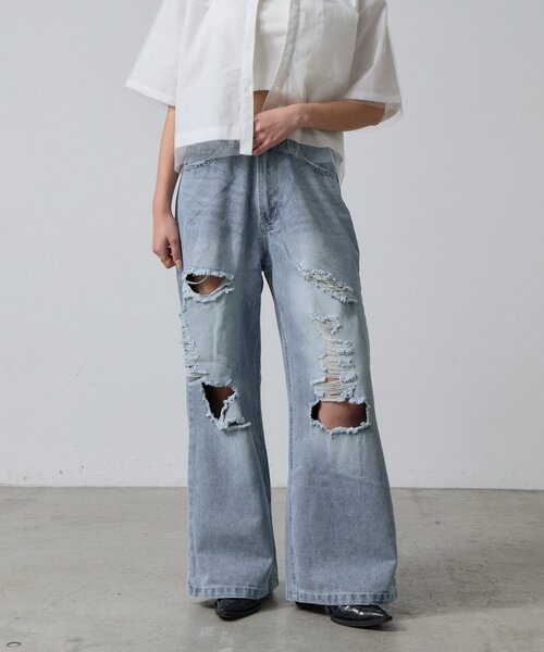 goocy（グーシー）の「ダメージデニムストレートパンツ（デニムパンツ・レディース・ブルー・MEDIUM/SMALL）」の5枚目の写真