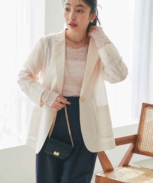 La boutique BonBon（ラブティックボンボン）の「【夏に着られるジャケット】シアーライトスラブシングルジャケット（テーラードジャケット・レディース・ピンク/グレイッシュベージュ/ブラック・FREE）」の22枚目の写真