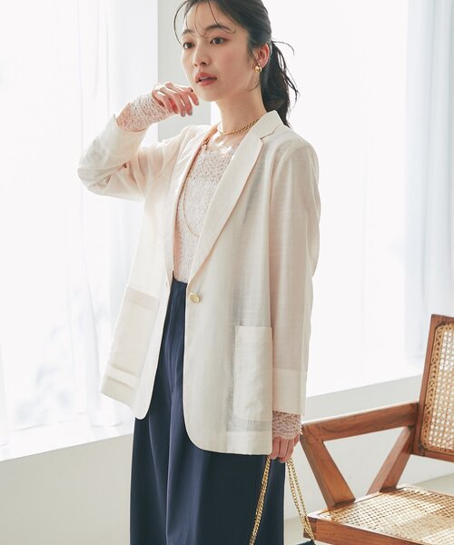La boutique BonBon（ラブティックボンボン）の「【夏に着られるジャケット】シアーライトスラブシングルジャケット（テーラードジャケット・レディース・ピンク/グレイッシュベージュ/ブラック・FREE）」の21枚目の写真