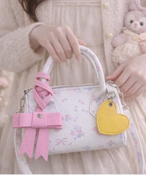 セール】26ss 花柄リボンデザイン ハートチャーム付きミニボストン