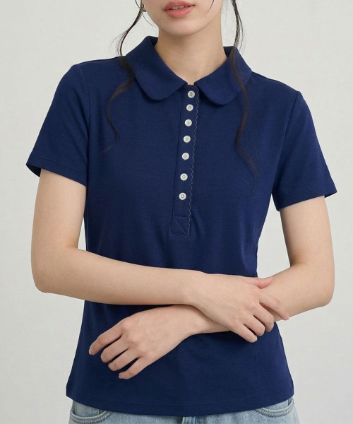 VIVID LADY(ビビッドレディー)の「スカラップヘンリーネック カラーTシャツ 半袖トップス(Tシャツ/カットソー・レディース・ホワイト/グレー/ネイビー・FREE)」の3枚目の写真