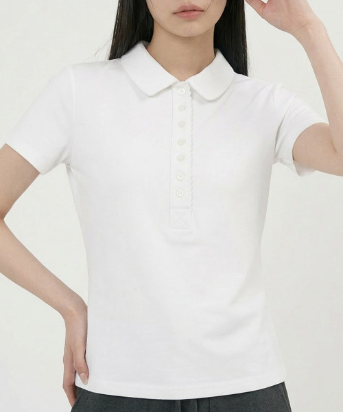 VIVID LADY(ビビッドレディー)の「スカラップヘンリーネック カラーTシャツ 半袖トップス(Tシャツ/カットソー・レディース・ホワイト/グレー/ネイビー・FREE)」の5枚目の写真