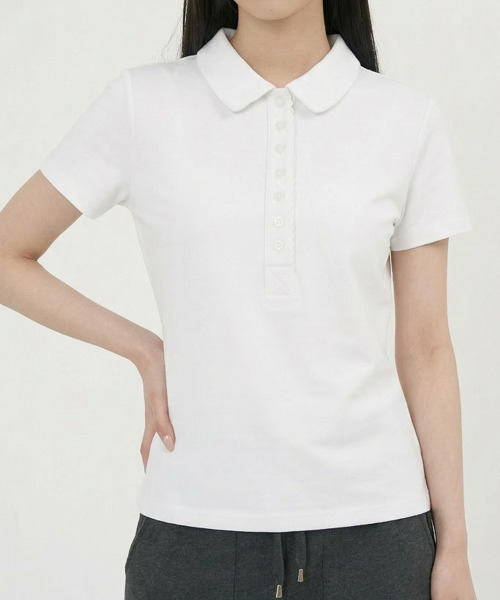 VIVID LADY(ビビッドレディー)の「スカラップヘンリーネック カラーTシャツ 半袖トップス(Tシャツ/カットソー・レディース・ホワイト/グレー/ネイビー・FREE)」の6枚目の写真