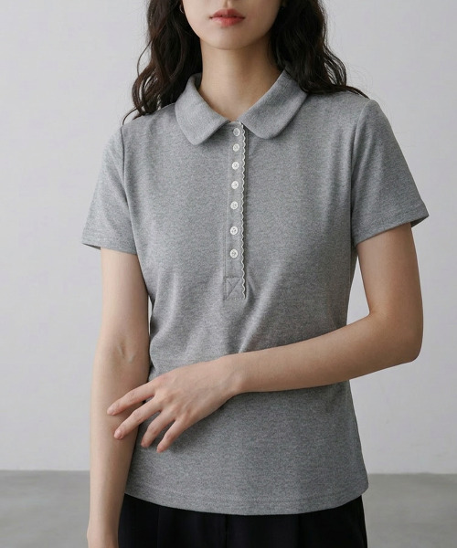 VIVID LADY(ビビッドレディー)の「スカラップヘンリーネック カラーTシャツ 半袖トップス(Tシャツ/カットソー・レディース・ホワイト/グレー/ネイビー・FREE)」の9枚目の写真