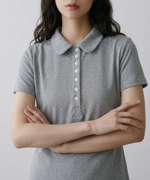 VIVID LADY(ビビッドレディー)の「スカラップヘンリーネック カラーTシャツ 半袖トップス(Tシャツ/カットソー・レディース・ホワイト/グレー/ネイビー・FREE)」の10枚目の写真